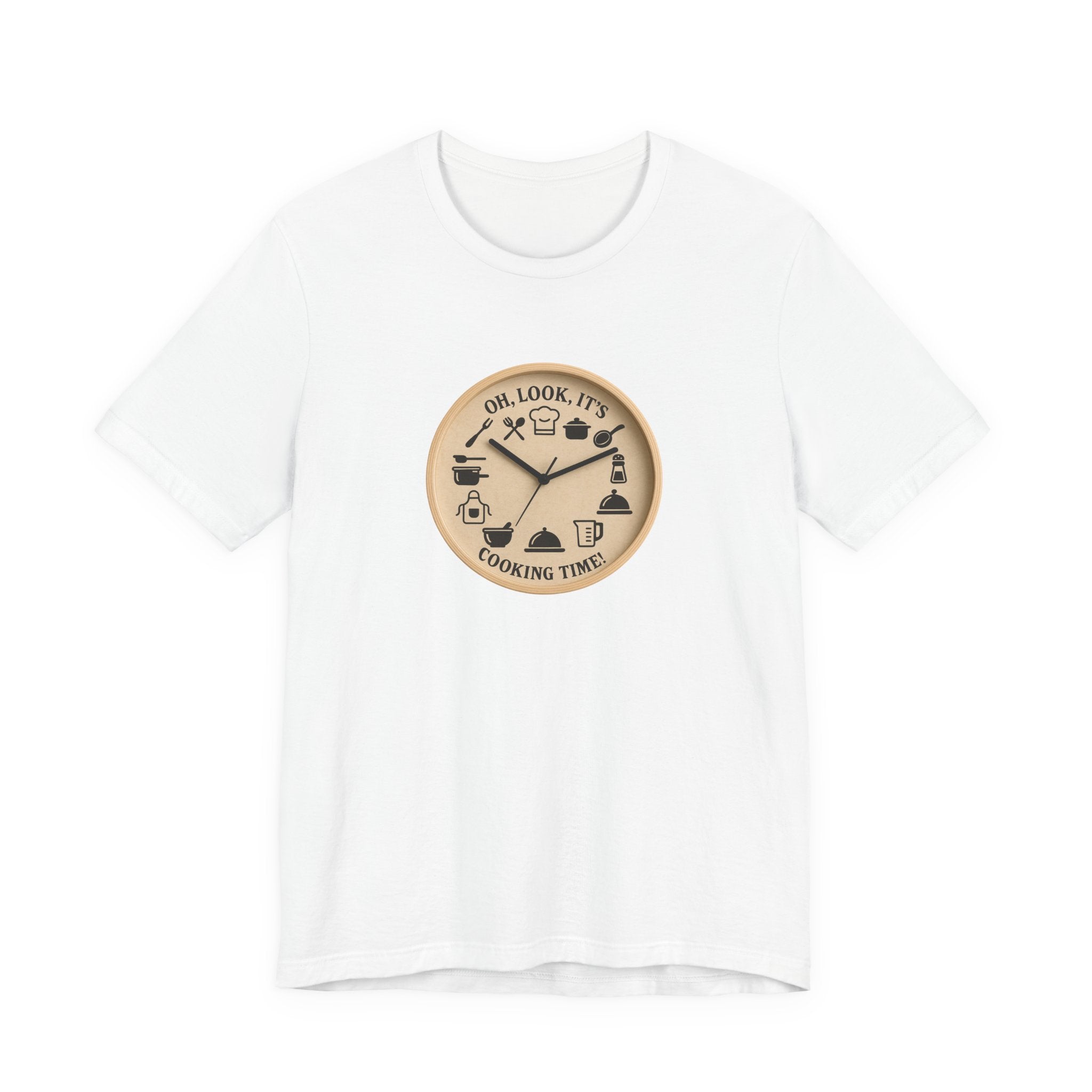 Rustic cooking-themed illustrated wall clock featuring kitchen icons like pots, pans, utensils, salt shaker, and chef hat, with bold text reading ‘Oh, look, it’s cooking time!’.