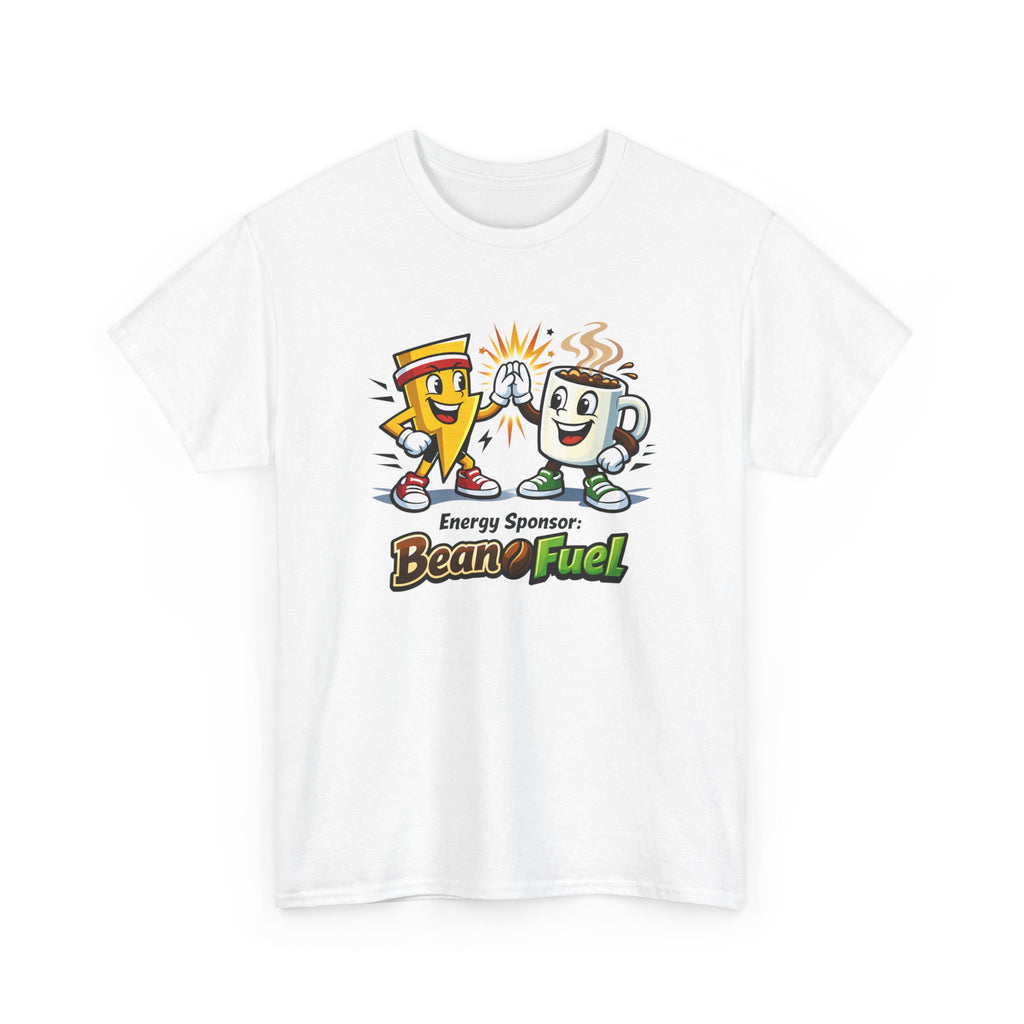 Athletic Energy T-Shirt — 'Energy Sponsor Bean Fuel' Coffee & LIghtning Cartoon Graphic Tee