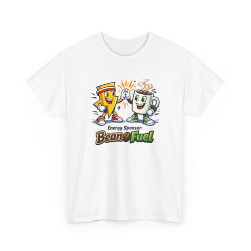 Athletic Energy T-Shirt — 'Energy Sponsor Bean Fuel' Coffee & LIghtning Cartoon Graphic Tee