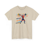 Beige t-shirt with a graphic of a person lifting weights and motivational text on a white background