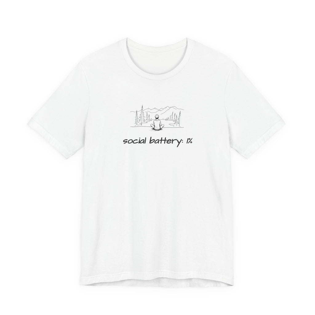 graphic of a man sitting in nature looking at mountains with the text 'social battery 1%'
