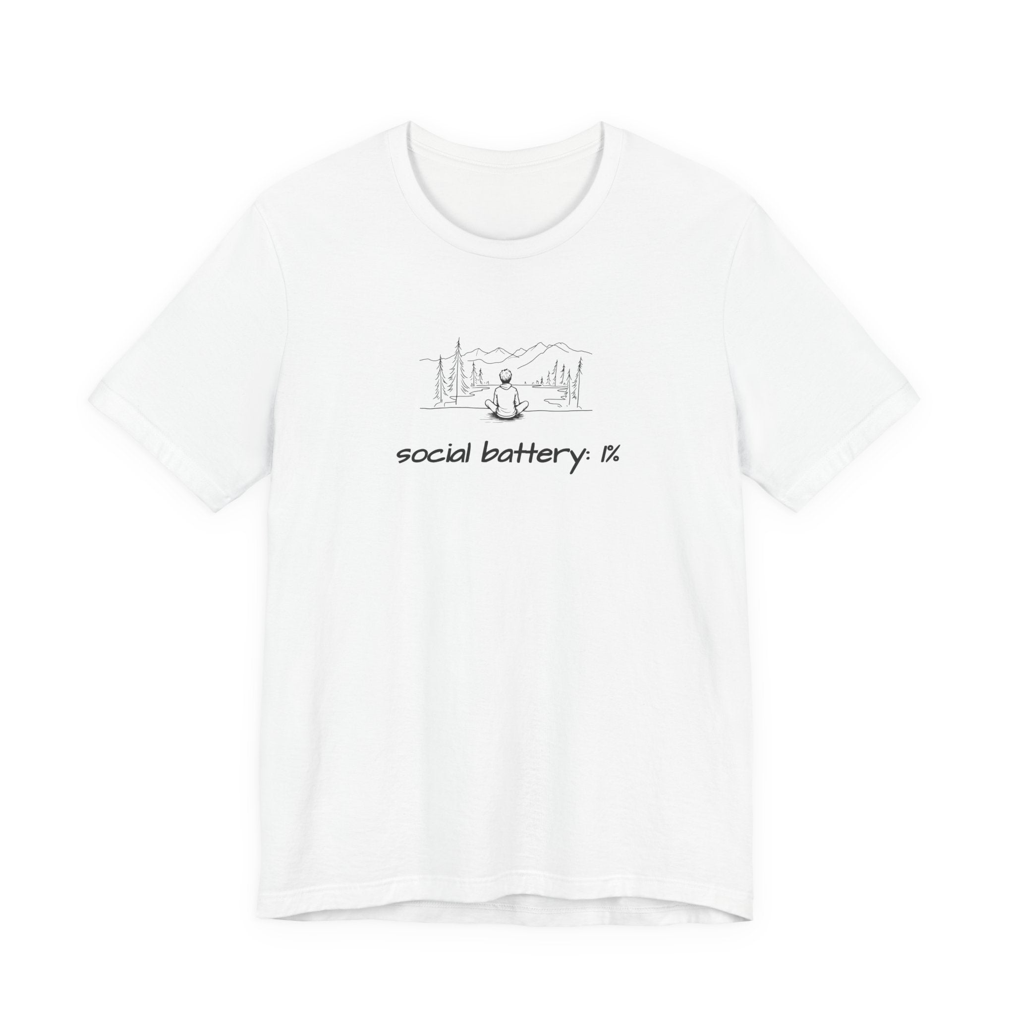 graphic of a man sitting in nature looking at mountains with the text 'social battery 1%'