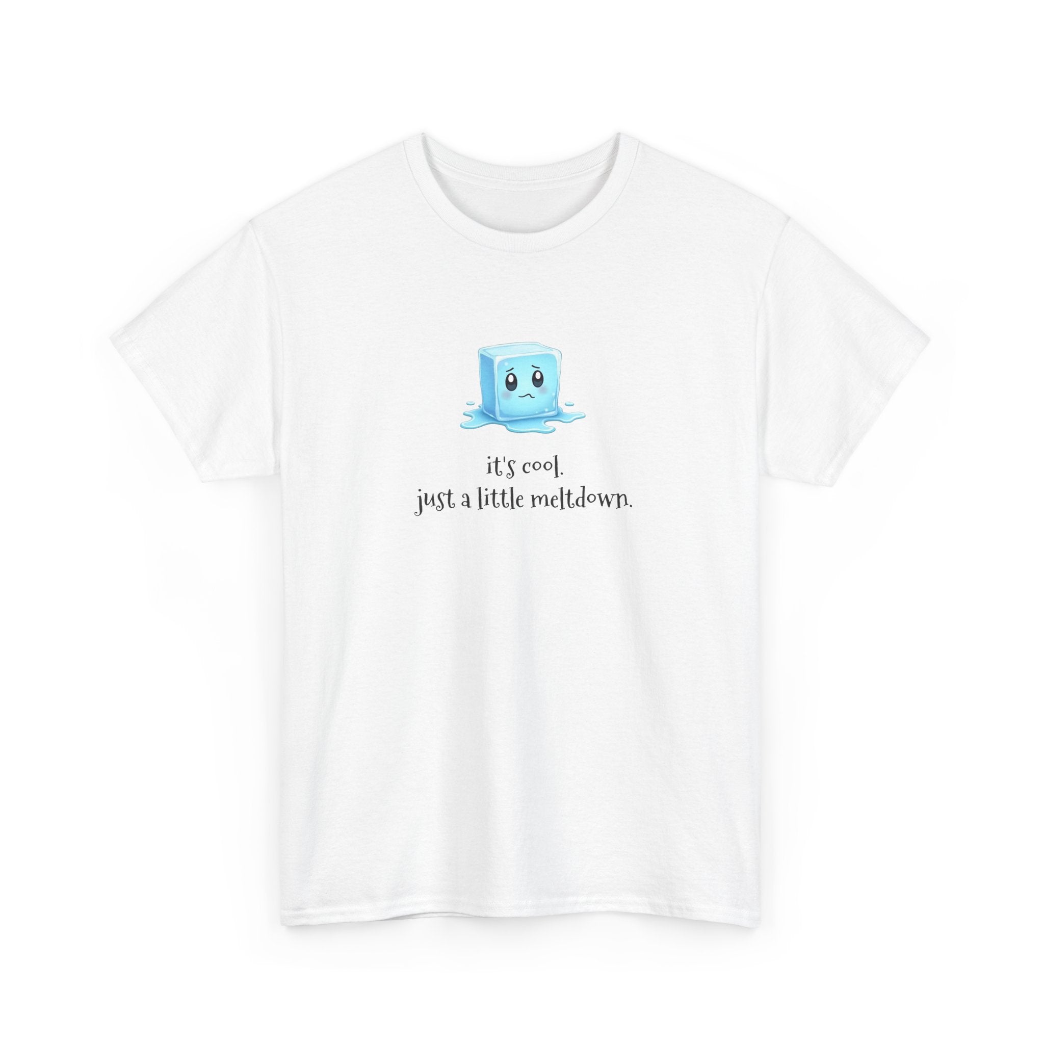 a melting ice cube cartoon character with the text 'it's cool. just a little meltdown.'