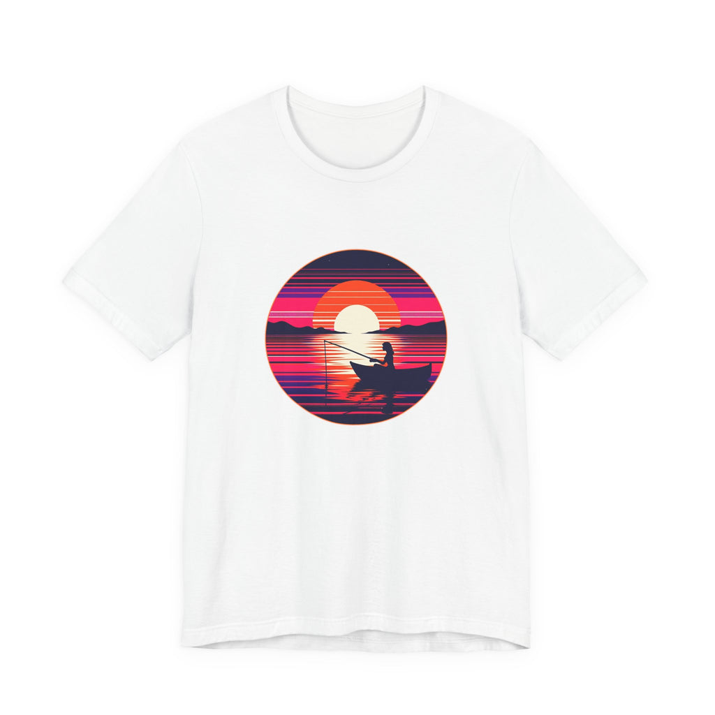 Silhouette illustration of a person fishing from a boat at sunset, with vibrant retro-style lines and mountain reflections over water on a dark circular background.