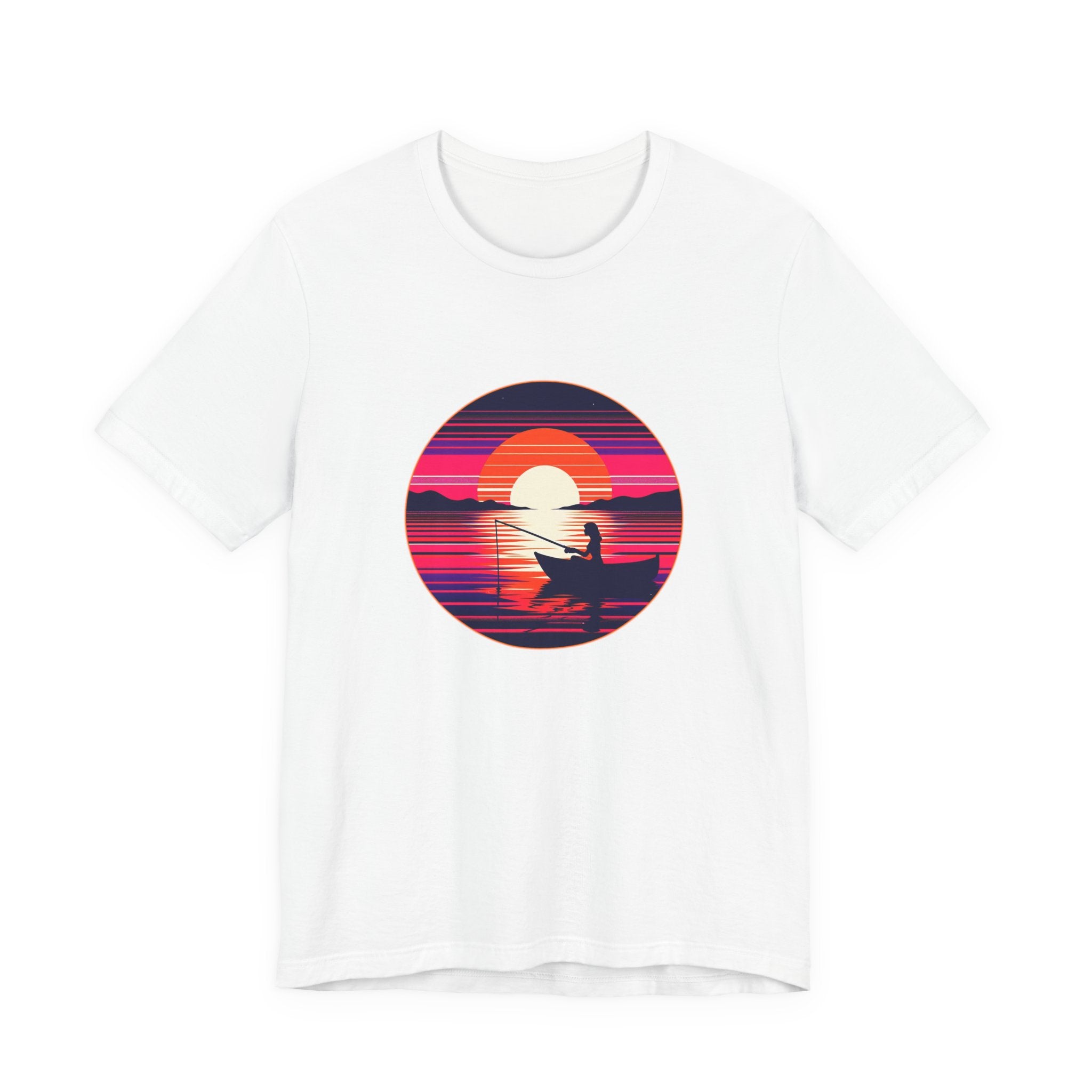 Silhouette illustration of a person fishing from a boat at sunset, with vibrant retro-style lines and mountain reflections over water on a dark circular background.