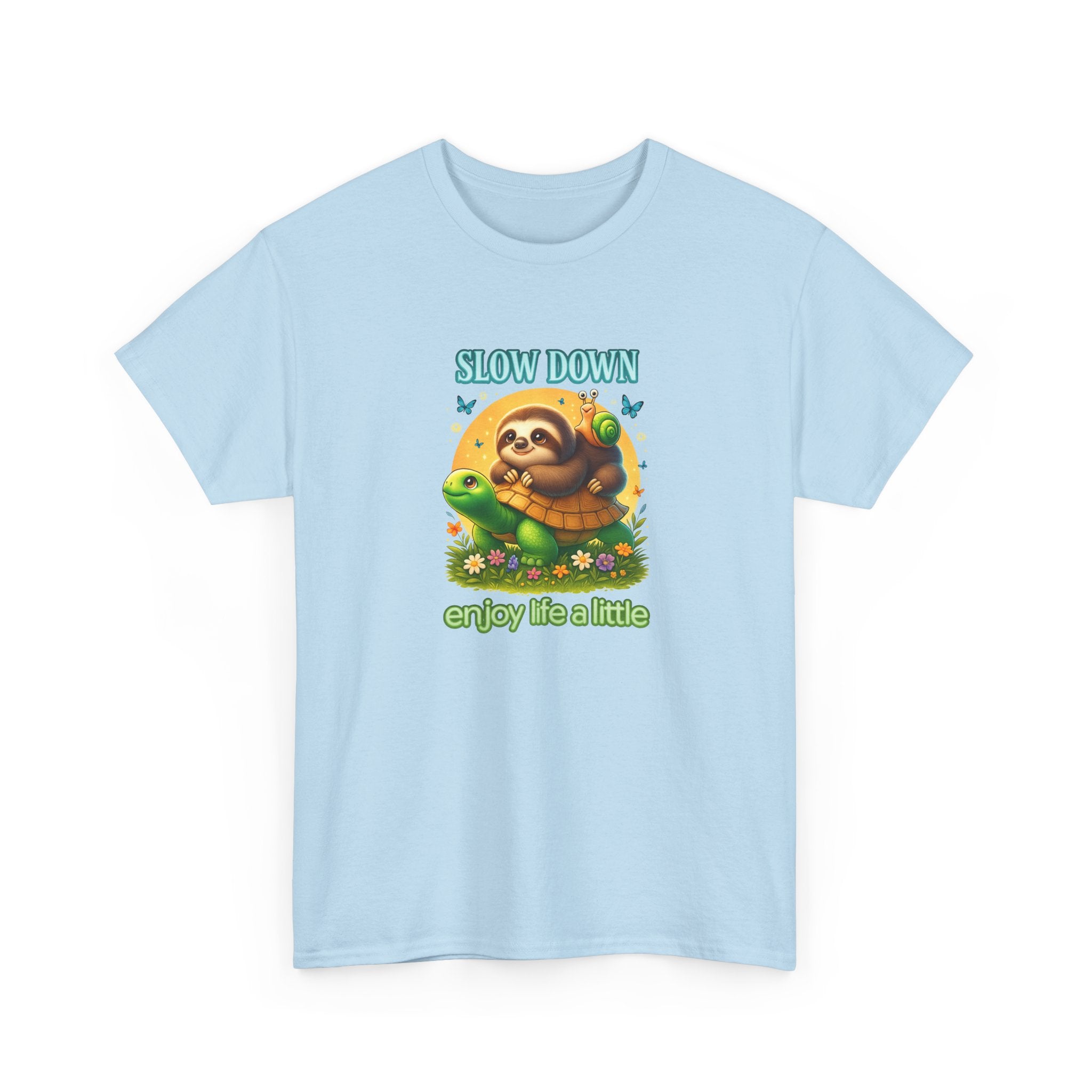 Slow Down Turtle Sloth & Snail V-Neck Tee — "Enjoy Life a Little" Relaxed Graphic Shirt