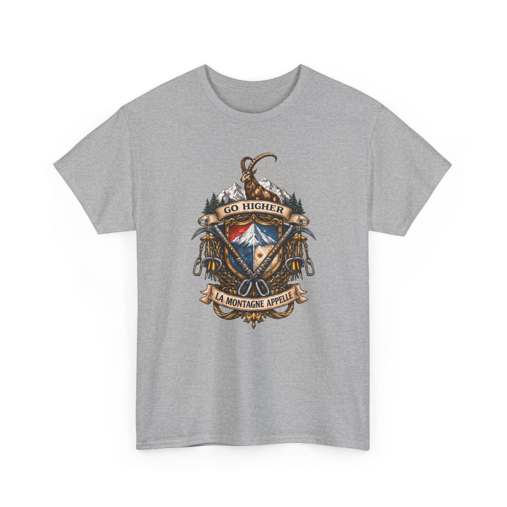 Adventure Crest T-Shirt — "Go Higher" Mountain Climbing Graphic Tee