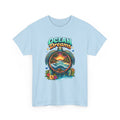 Light blue t-shirt with 'Ocean Dreams' design featuring a sea turtle and beach scene with flowers on a white background