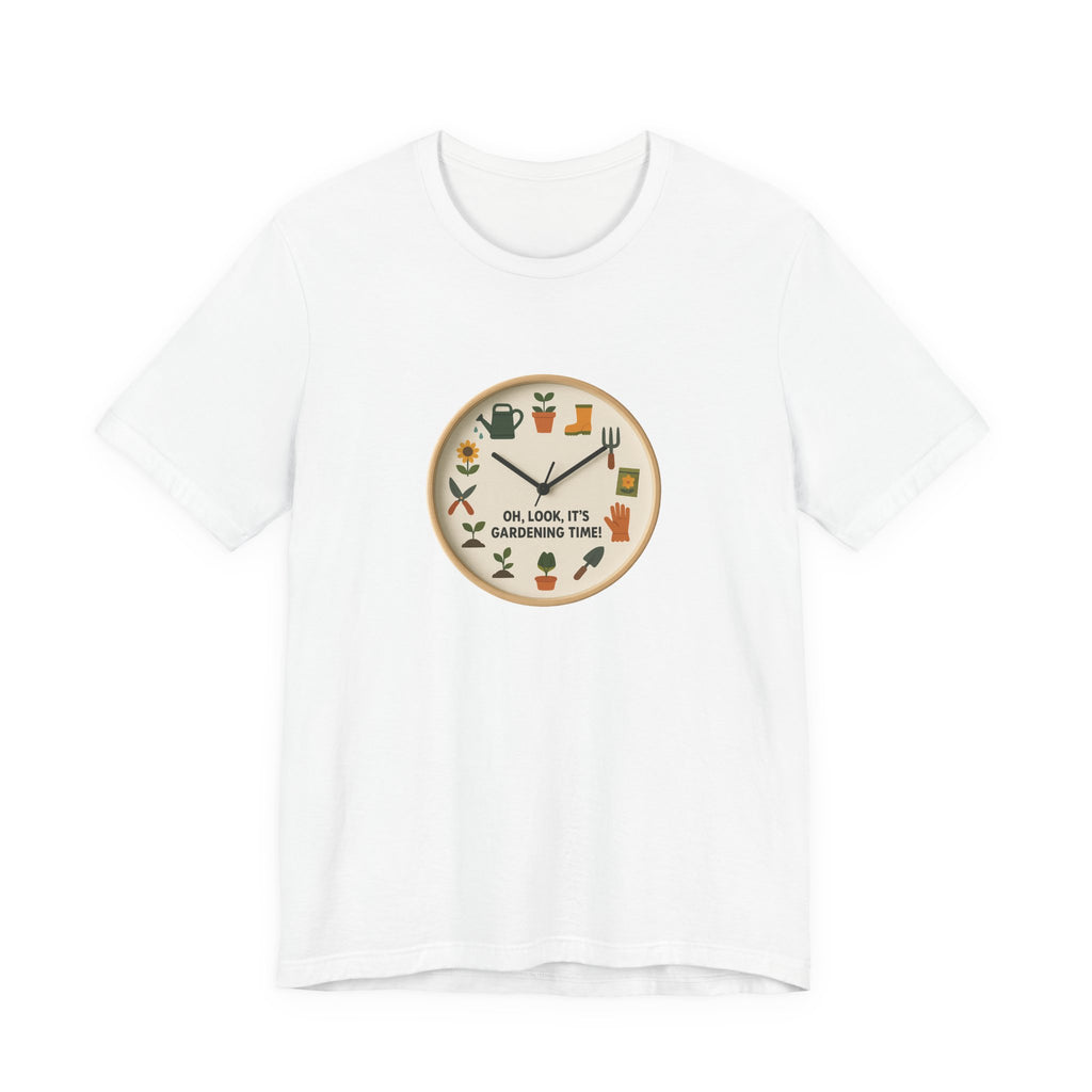 Warm, whimsical gardening-themed illustrated wall clock featuring plants, a watering can, garden boots, and floral icons, with bold text reading ‘Oh, look, it’s gardening time!’.