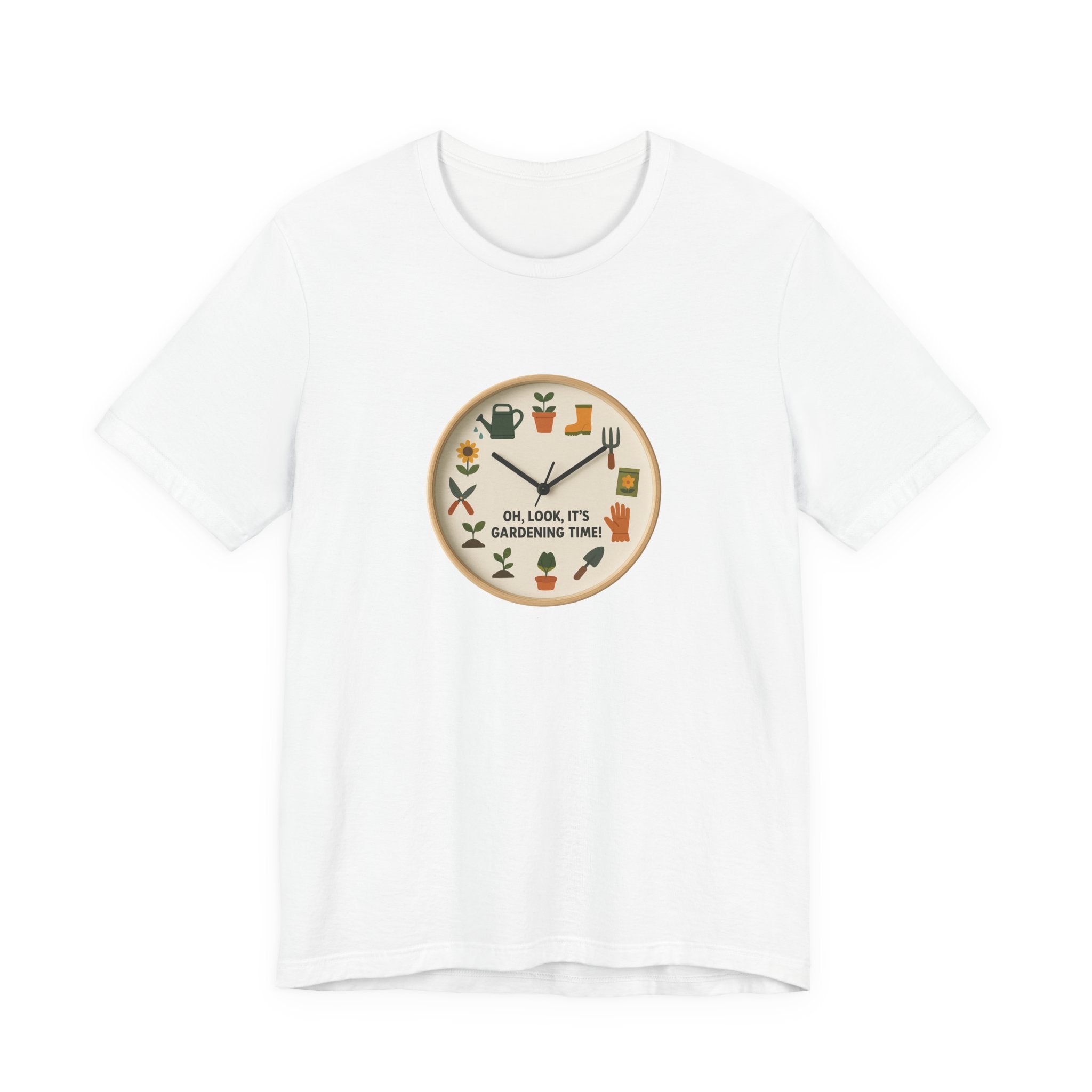 Warm, whimsical gardening-themed illustrated wall clock featuring plants, a watering can, garden boots, and floral icons, with bold text reading ‘Oh, look, it’s gardening time!’.