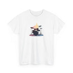 T shirt with Stylized drum kit silhouette with colorful soundwave equalizer bars glowing behind it on a black background, representing music, rhythm, and live drumming energy.