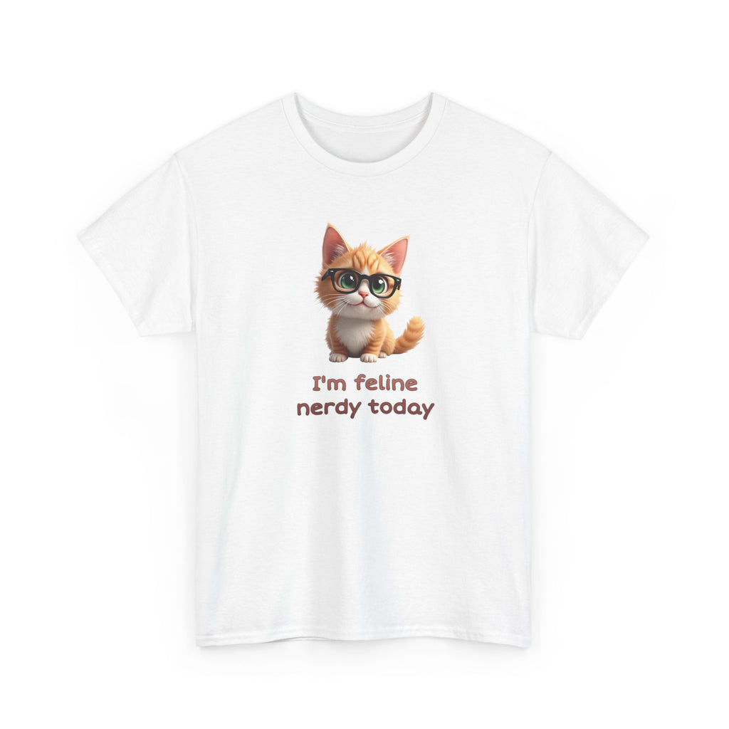 Cute cartoon kitten wearing black glasses with big green eyes and the text ‘I’m feline nerdy today,’ playful nerdy cat illustration.