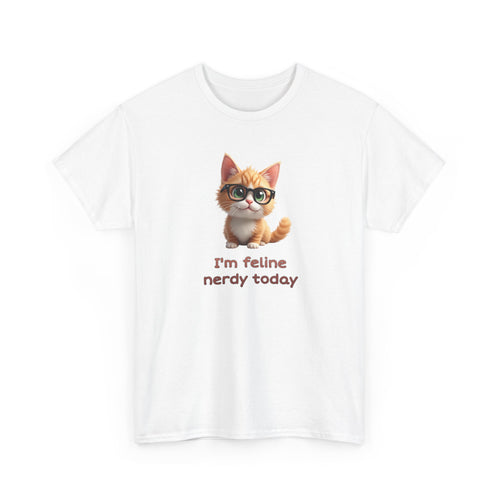 Cute cartoon kitten wearing black glasses with big green eyes and the text ‘I’m feline nerdy today,’ playful nerdy cat illustration.