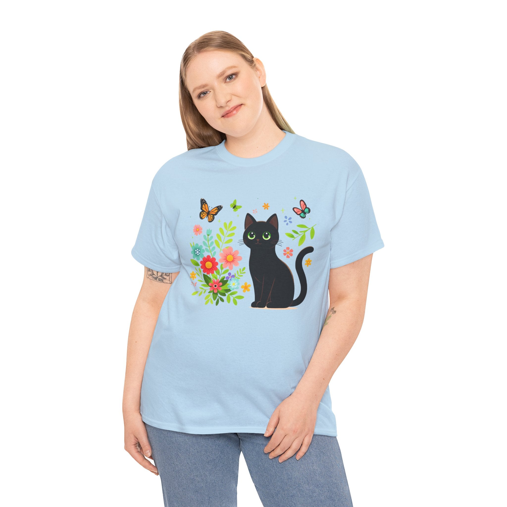 Black Cat Floral Tee - Cute Cat, Flowers & Butterflies Graphic T-Shirt