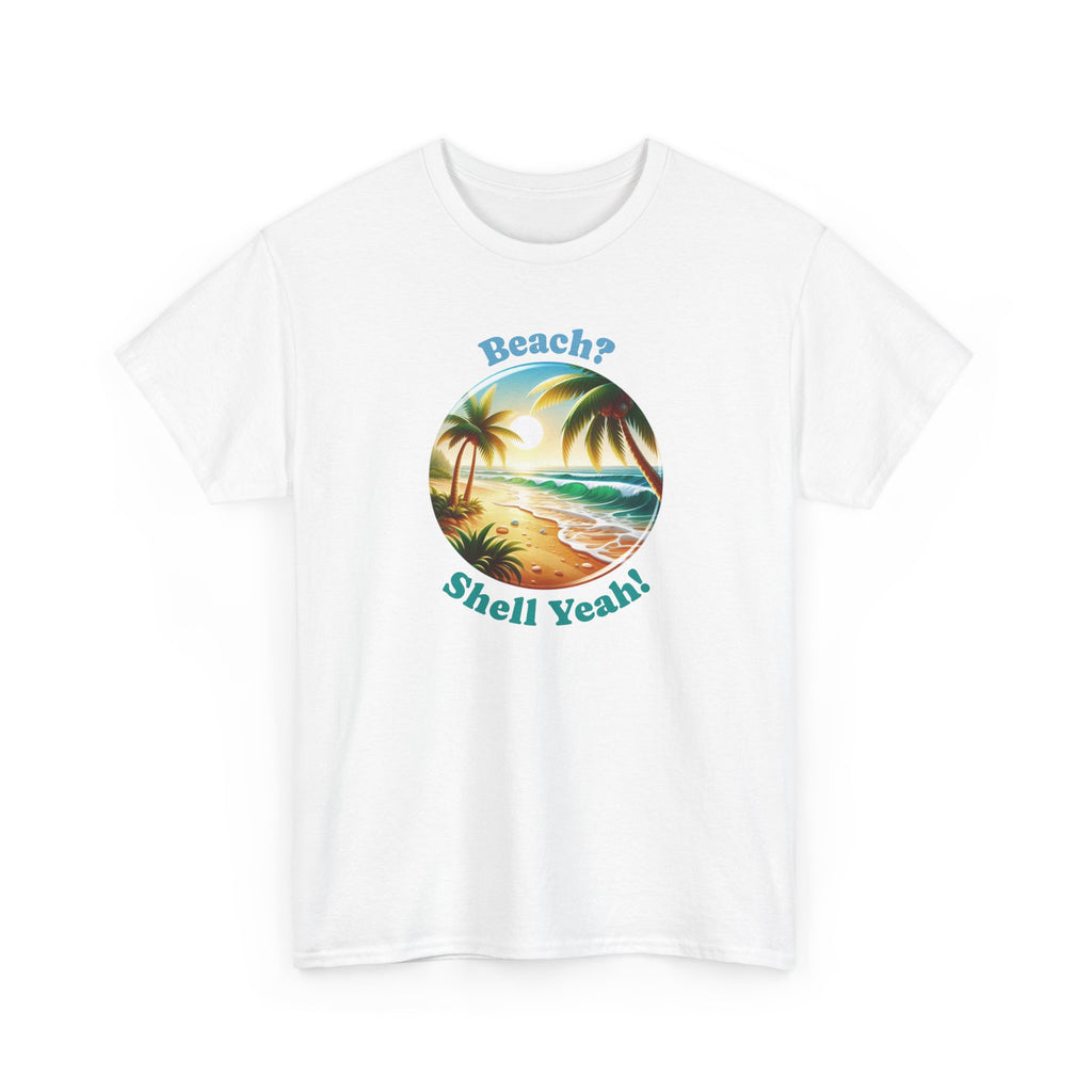 a beach graphic with palm trees in the middle with the text 'beach? shell yeah!'