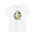 a beach graphic with palm trees in the middle with the text 'beach? shell yeah!'