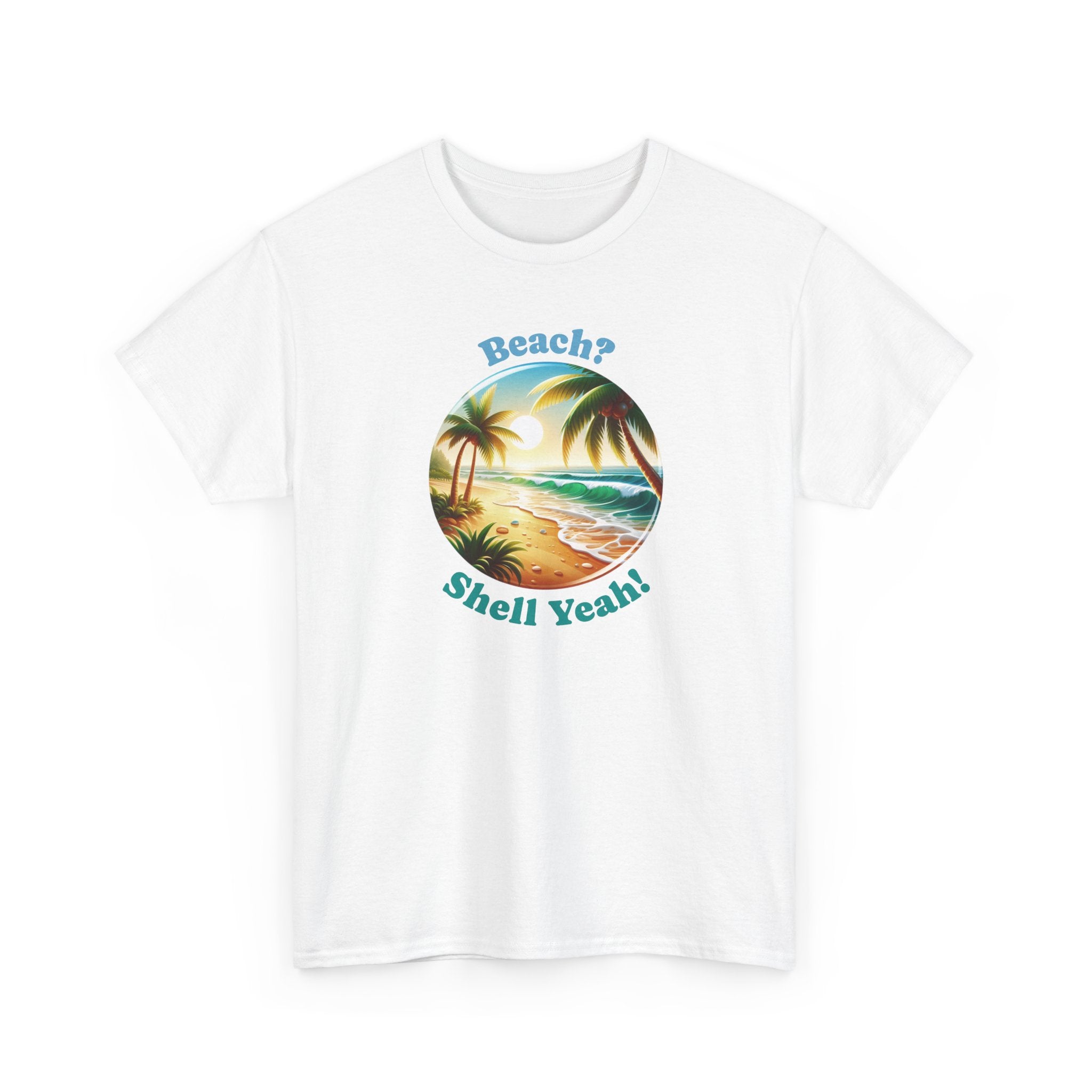 a beach graphic with palm trees in the middle with the text 'beach? shell yeah!'