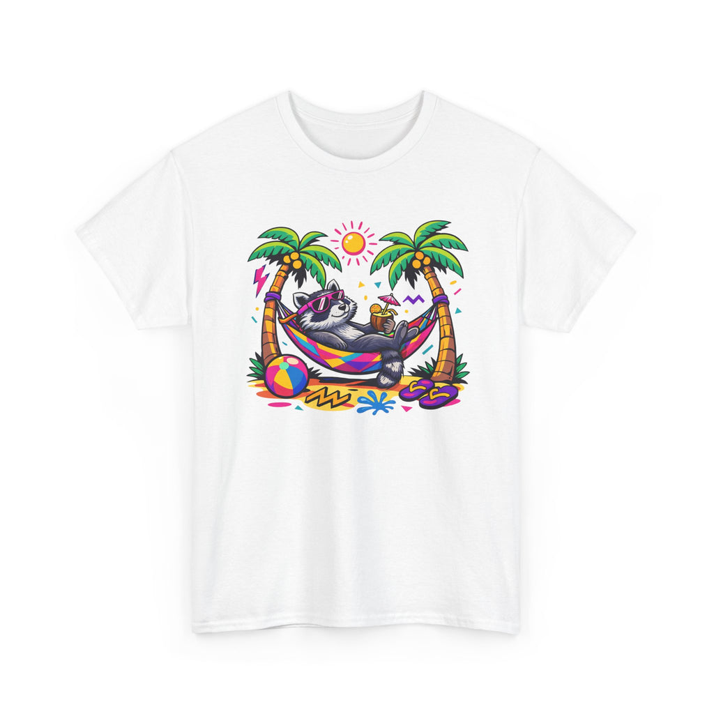 a colorful graphic of a raccoon lounging in a hammock between palm trees by the beach