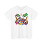a colorful graphic of a raccoon lounging in a hammock between palm trees by the beach