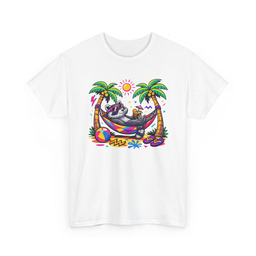 a colorful graphic of a raccoon lounging in a hammock between palm trees by the beach