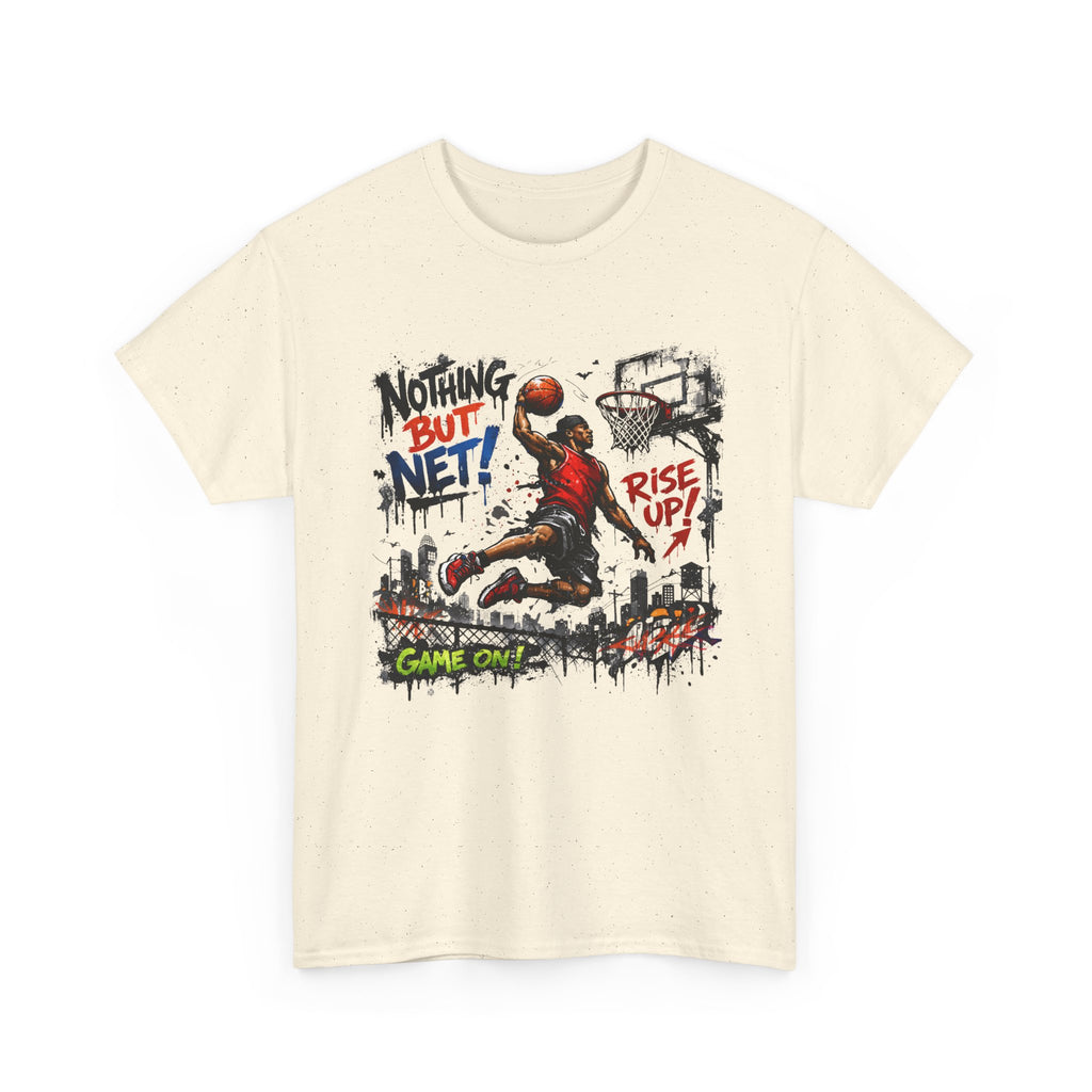 Beige t-shirt with a basketball graphic and text on a white background