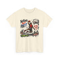 Beige t-shirt with a basketball graphic and text on a white background