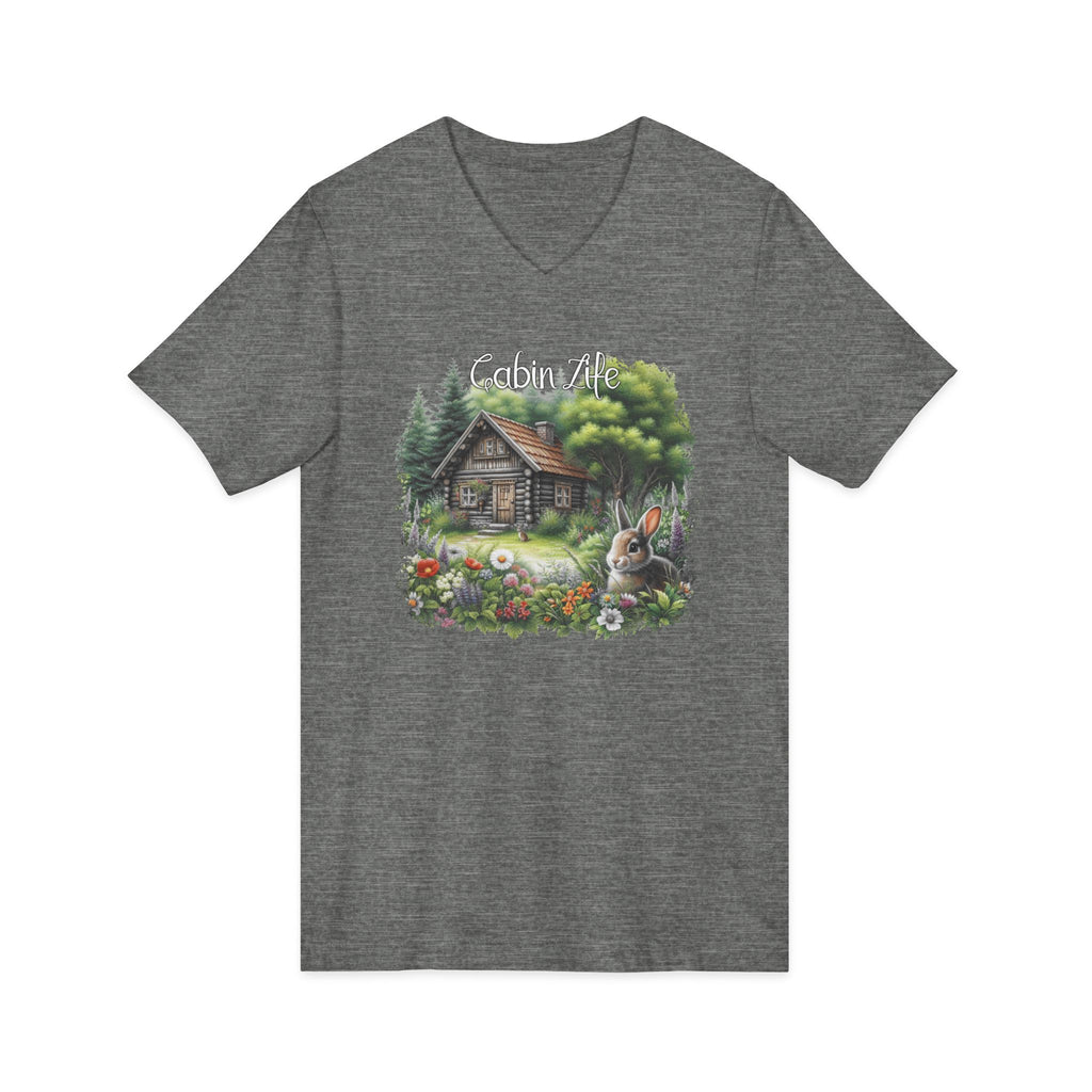 Cabin Life V-Neck Tee – Rustic Cottage & Bunny Nature Shirt