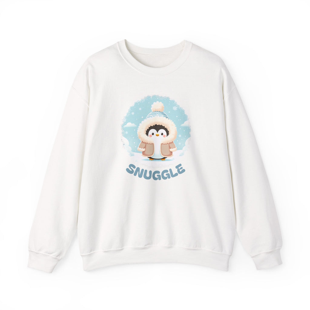 White sweatshirt with a cute penguin in a fluffy coat graphic and 'Snuggle' text on a white background
