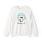 White sweatshirt with a cute penguin in a fluffy coat graphic and 'Snuggle' text on a white background
