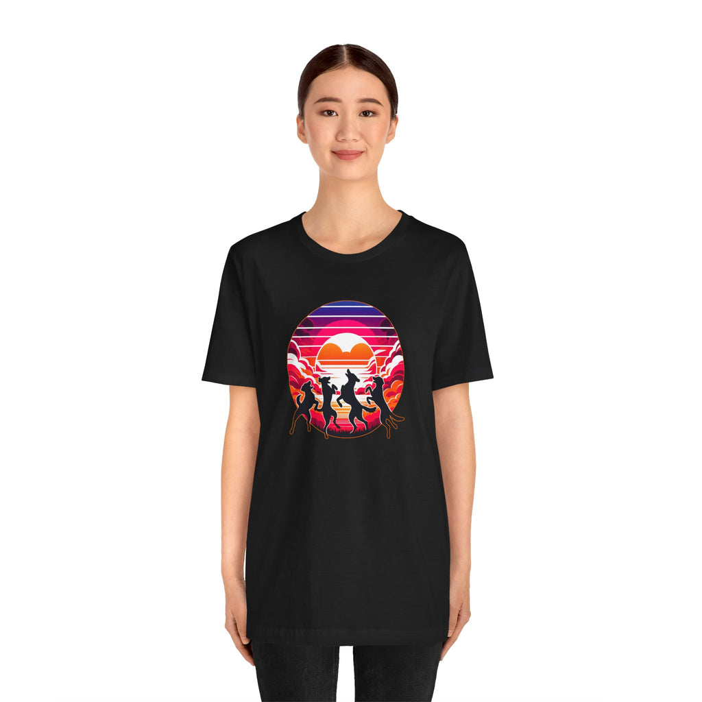 Retro Sunset Dancing Dogs T-Shirt — Vintage Rainbow Skyline Graphic Tee