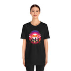 Retro Sunset Dancing Dogs T-Shirt — Vintage Rainbow Skyline Graphic Tee
