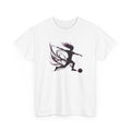White t-shirt with a black silhouette design of a person playing soccer on a white background