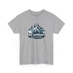 Gray t-shirt with mountain graphic and 'the outdoors is for everyone' text on a white background