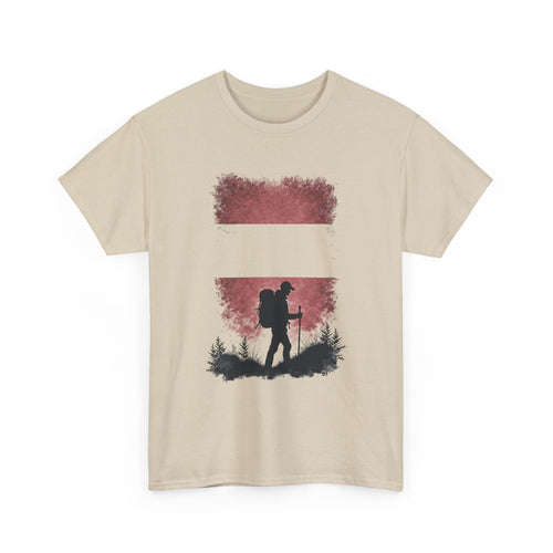 Austria Flag Hiker Silhouette Tee — Outdoor Adventure Backpacking T-Shirt