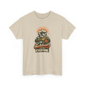 Beige t-shirt with outdoor-themed graphic and text 'the outdoors is for everyone' on a white background