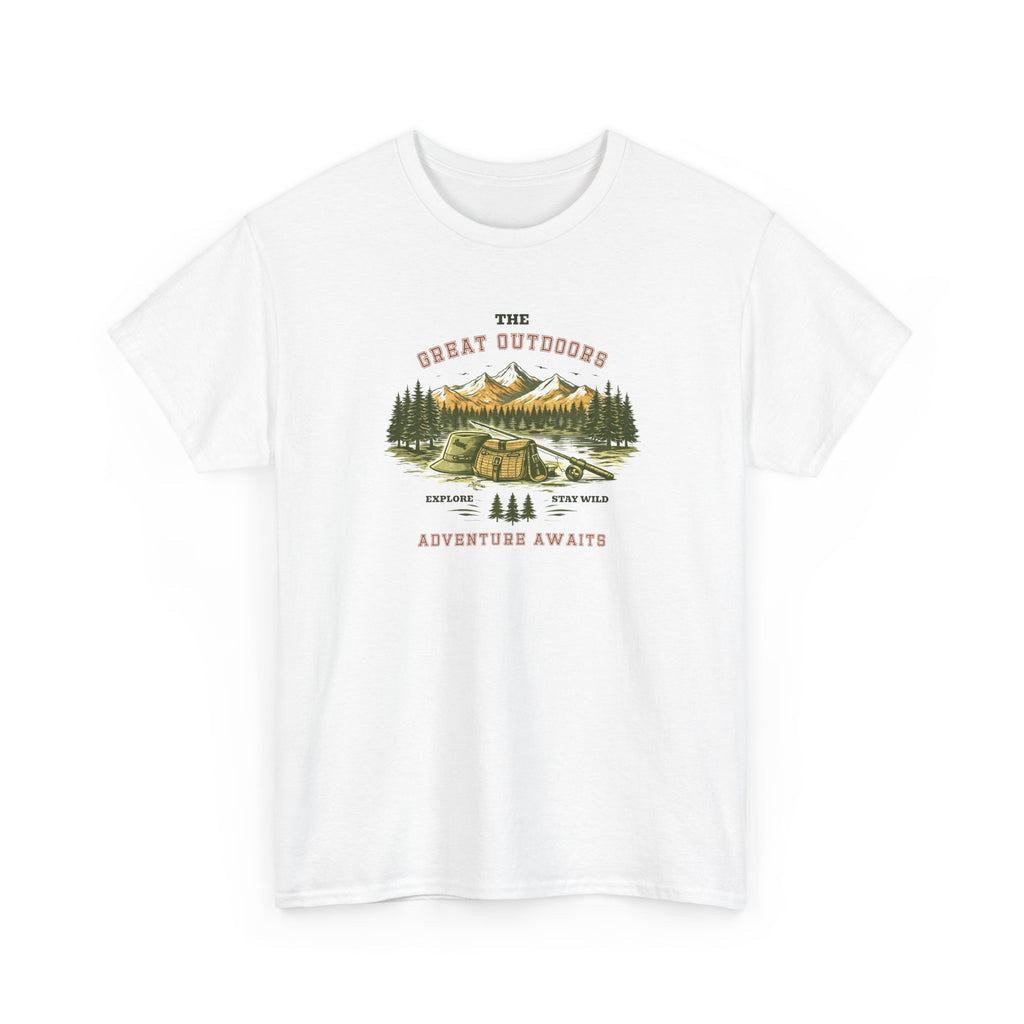 An outdoor scenic graphic with a fishing rod and tackle gear in the foreground and pine trees and mountains in the distance, with the text 'The Great Outdoors Adventure Awaits', perfect for nature lovers.