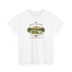 An outdoor scenic graphic with a fishing rod and tackle gear in the foreground and pine trees and mountains in the distance, with the text 'The Great Outdoors Adventure Awaits', perfect for nature lovers.