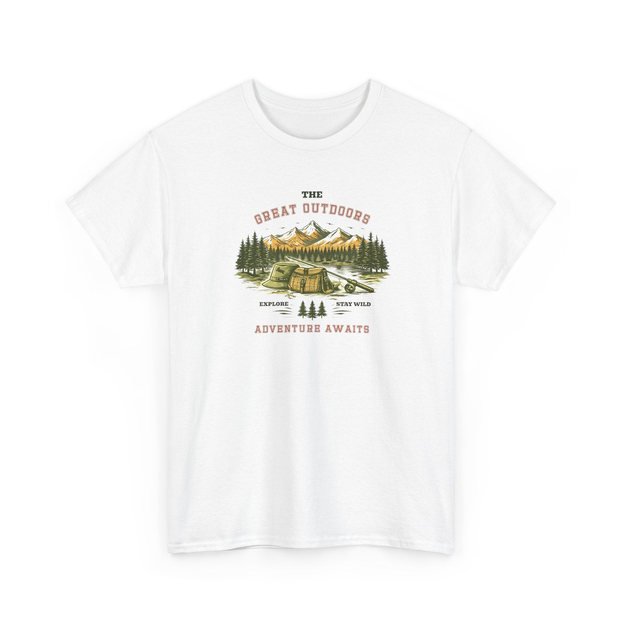 An outdoor scenic graphic with a fishing rod and tackle gear in the foreground and pine trees and mountains in the distance, with the text 'The Great Outdoors Adventure Awaits', perfect for nature lovers.