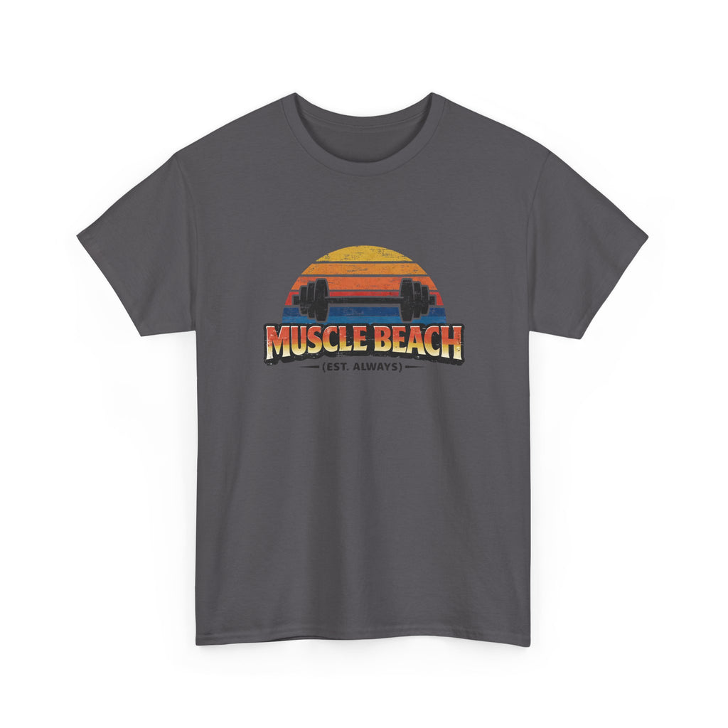 Gray t-shirt with 'Muscle Beach' retro graphic design on a white background