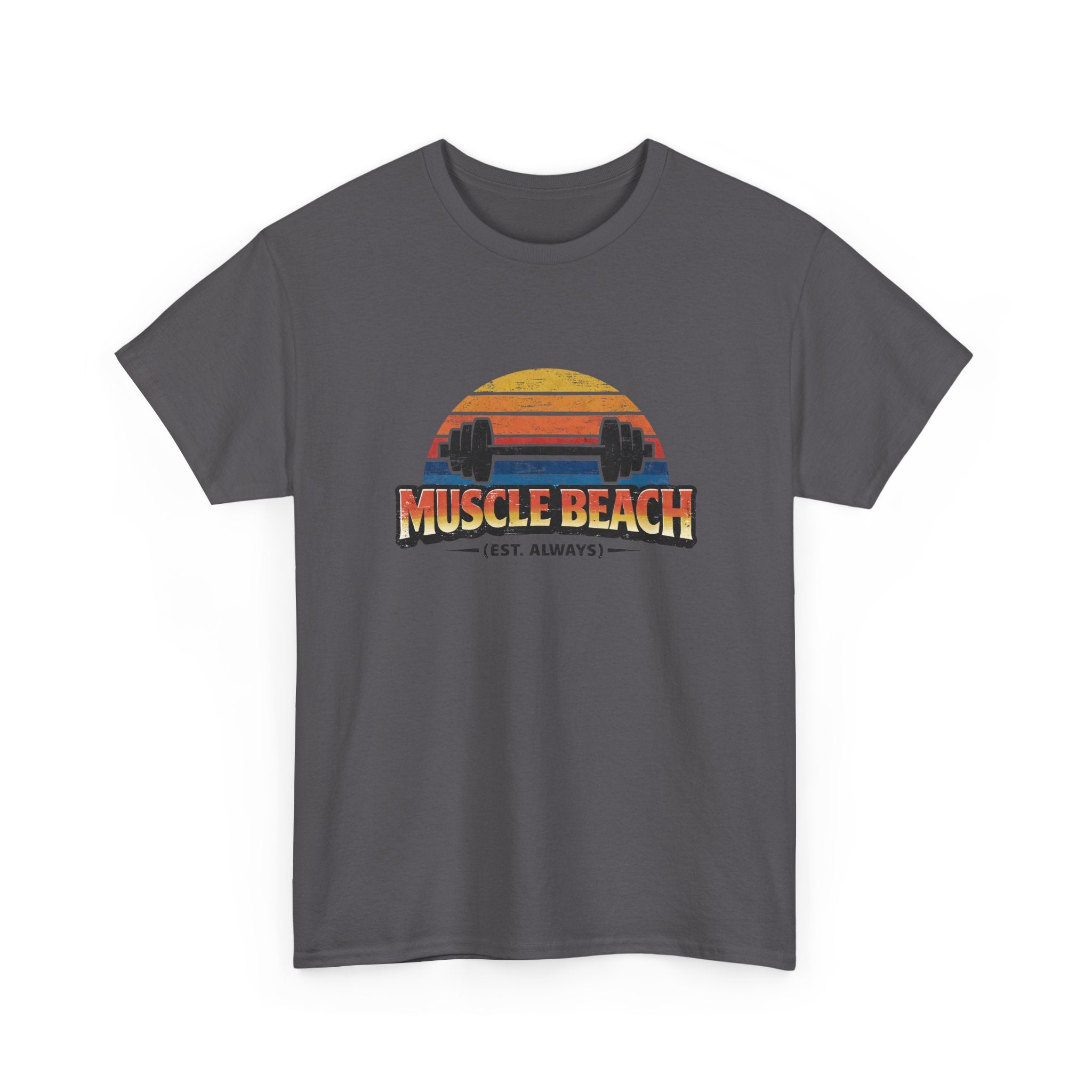 Gray t-shirt with 'Muscle Beach' retro graphic design on a white background