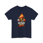 Navy blue t-shirt with 'Victory Tastes Spicy' graphic design on a white background