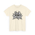 Beige t-shirt with black and white goth style text design that reads 'i'm a delight' in a bold, spiked font.