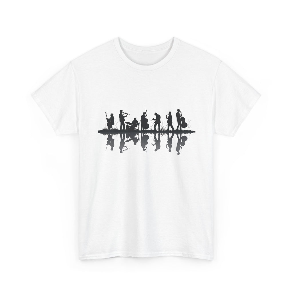 Silhouette illustration of a band with multiple musicians playing instruments, reflected on water, representing live music performance and musical artistry.