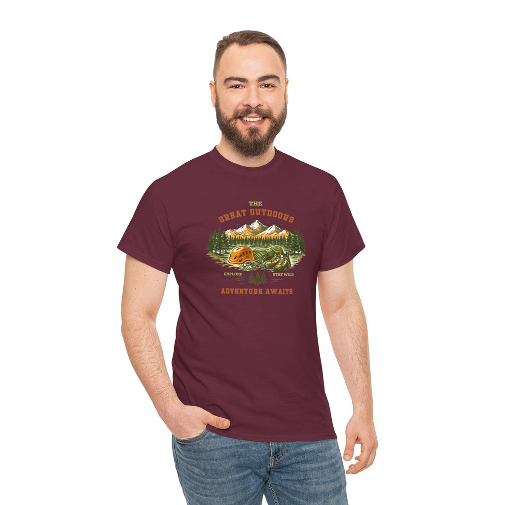 Rock Climbing Camping T-Shirt — "The Great Outdoors: Adventure Awaits" Graphic Tee