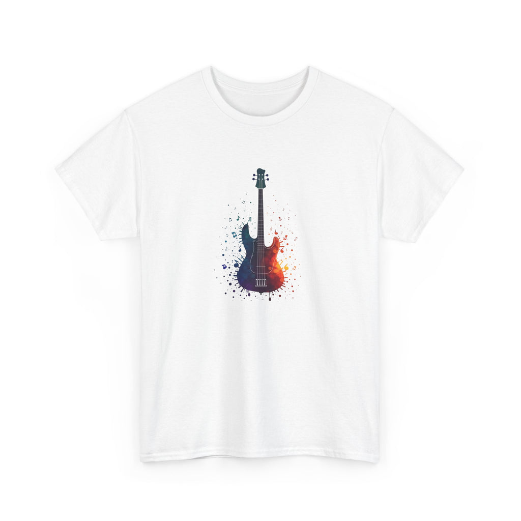 Colorful abstract illustration of an electric bass guitar with musical notes and paint splashes in blue, purple, and orange, representing music, rhythm, and creative sound.