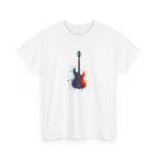 Colorful abstract illustration of an electric bass guitar with musical notes and paint splashes in blue, purple, and orange, representing music, rhythm, and creative sound.