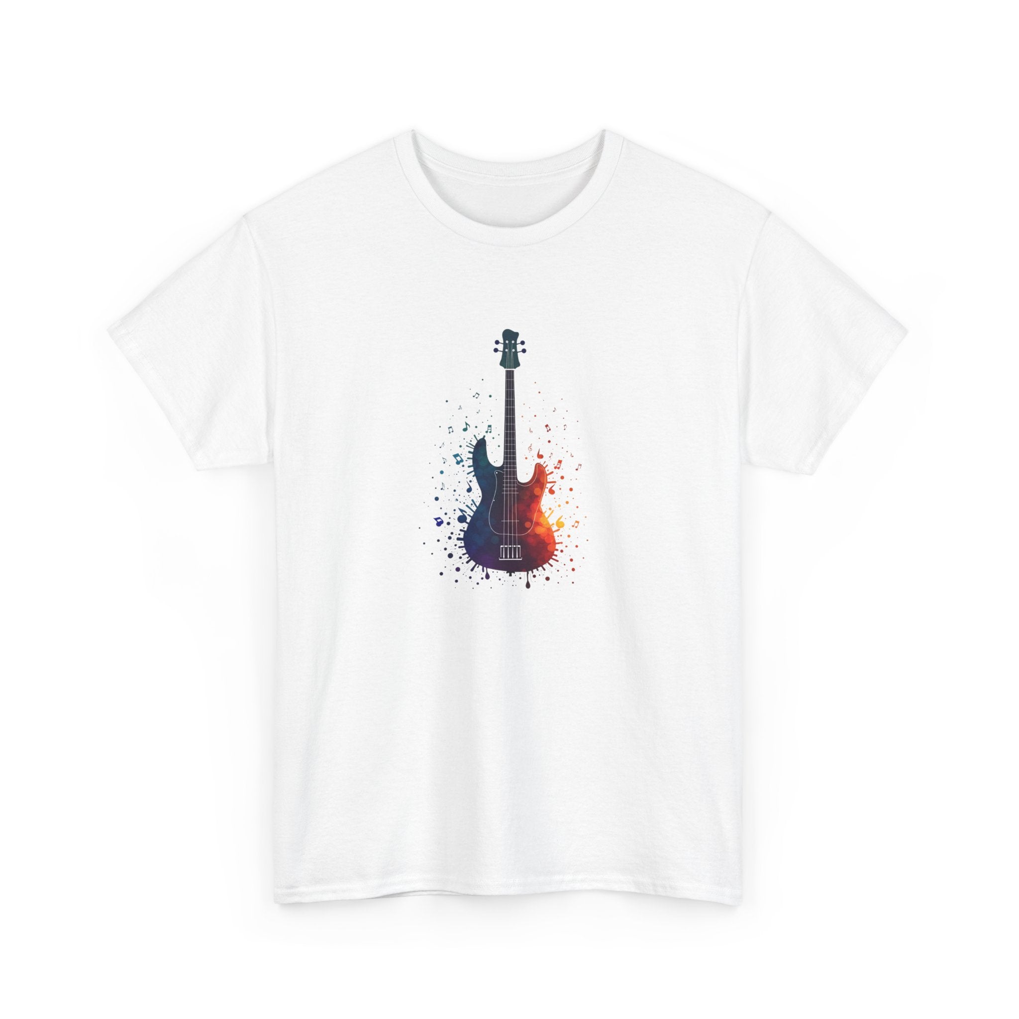 Colorful abstract illustration of an electric bass guitar with musical notes and paint splashes in blue, purple, and orange, representing music, rhythm, and creative sound.