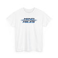 White t-shirt with 'Mind Over Miles' text design on a white background