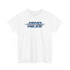 White t-shirt with 'Mind Over Miles' text design on a white background