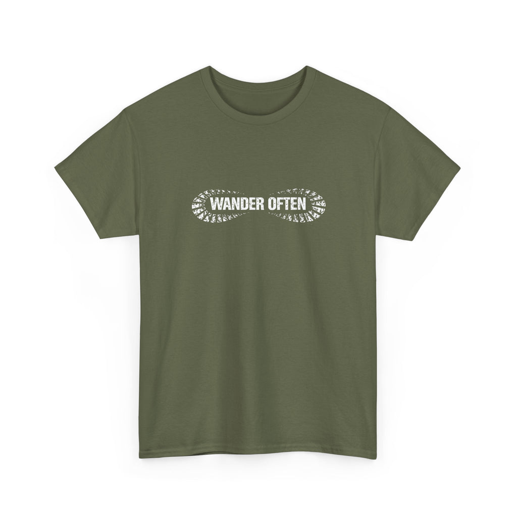 Green t-shirt with 'Wander Often' text on a white background